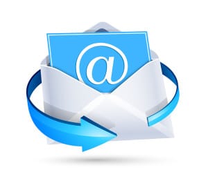 Open email letter with blue arrow isolated on white. Vector illustration